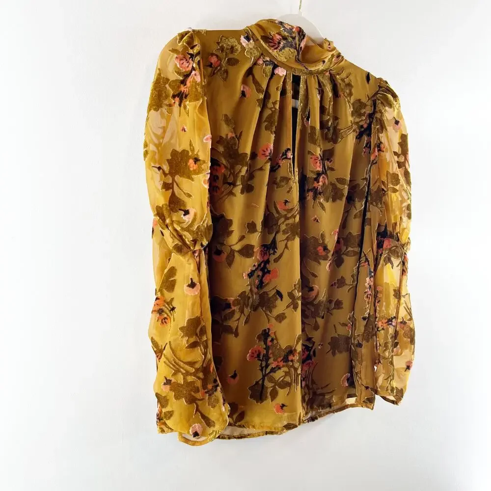 Floral Keyhole Mock Neck Blouse - Mustard - Picture 5 of 11